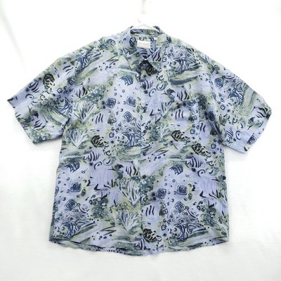 Summa Silk Shirt Mens Large Blue Green Abstract Fish Button Up Hawaiian Summer