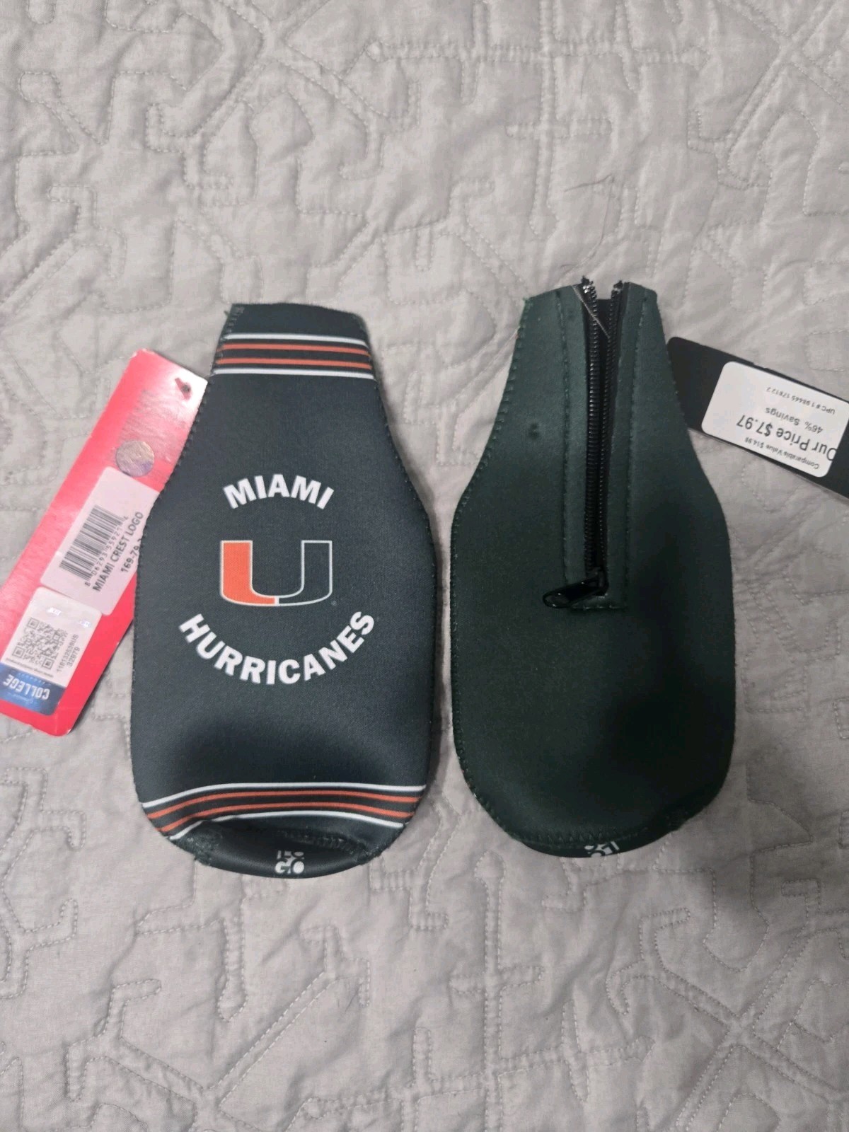 University of Miami Hurricanes NCAA Neoprene Bottle Holder/Koozie Cooler Zip New