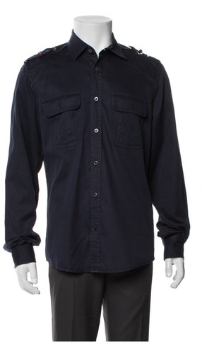 Authentic Gucci Men's Navy Long Sleeve Shirt with Epaulets and Chest Pockets