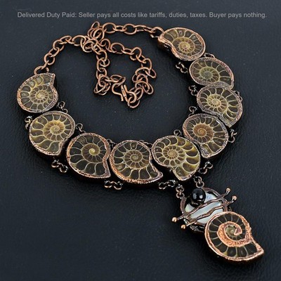 Copper Natural Ammonite Fossil Mother Of Pearl Wife Electroformed Chain Necklace