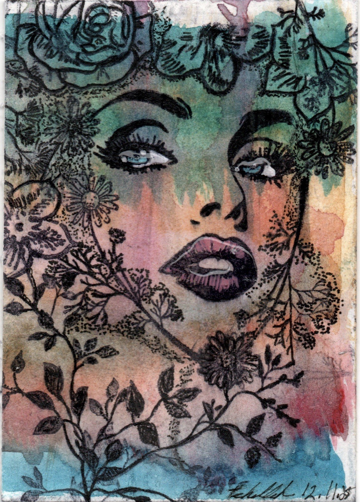 ACEO original art Handmade Mix Media Floral Crown Portraits #40 2/4 Tehillah