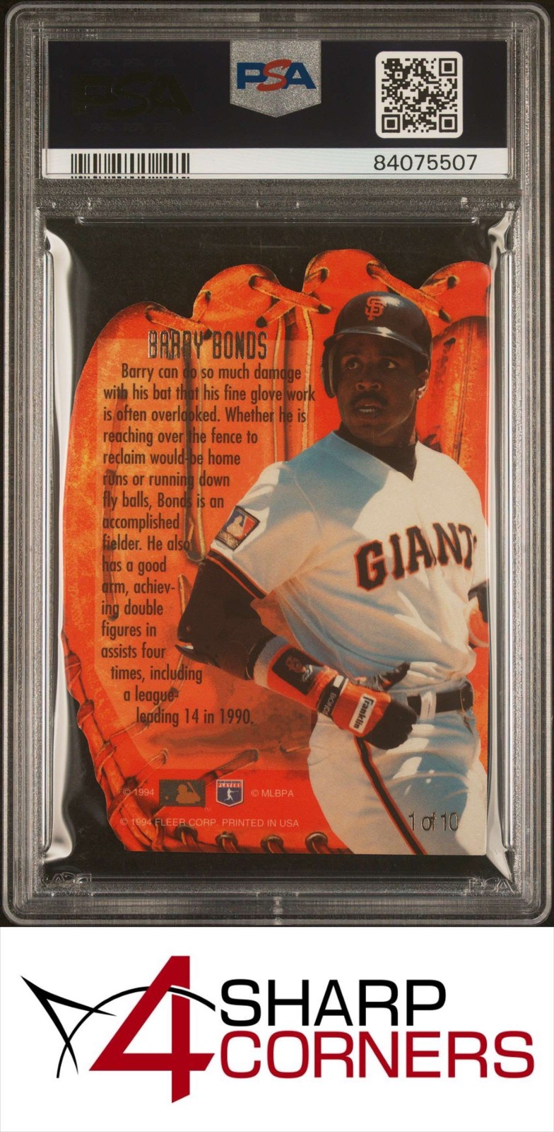 1994 FLAIR HOT GLOVES #1 BARRY BONDS GIANTS PSA 10 view 2