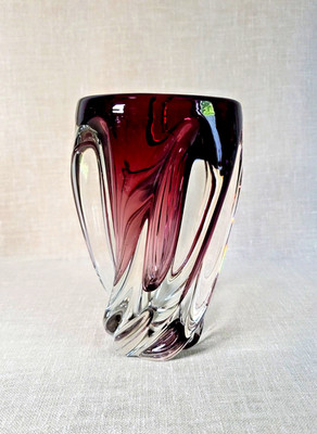 Christallerie Du Val Saint Lambert Belgien Spiralvase Transparent Aubergine 60er