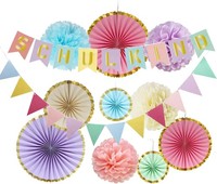 Einschulung Deko Set 12 StüCk Pastell Mit Girlande Wimpelkette Pompons FäCher