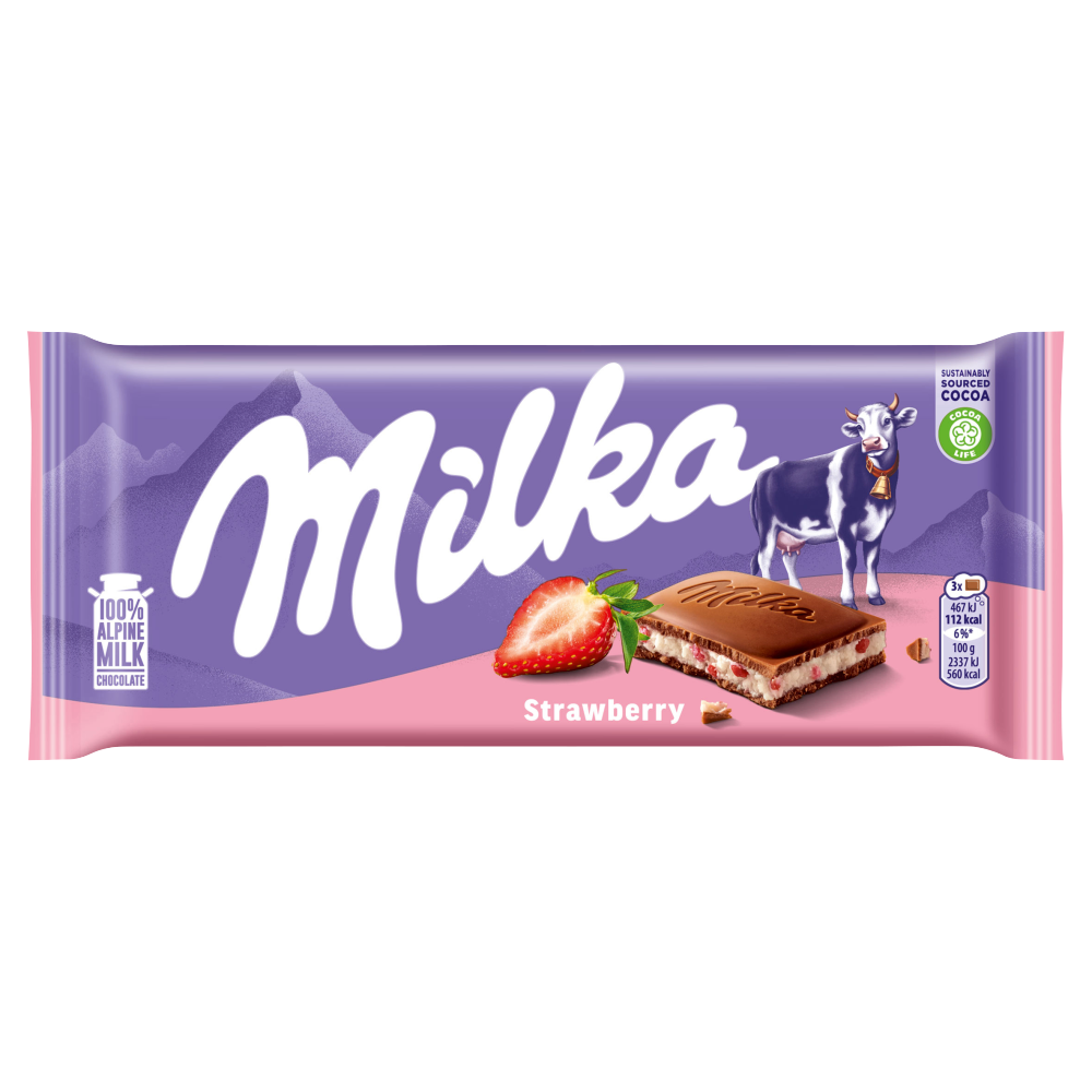 Cioccolato al latte intero Milka al gusto di fragola e ripieno 100 g