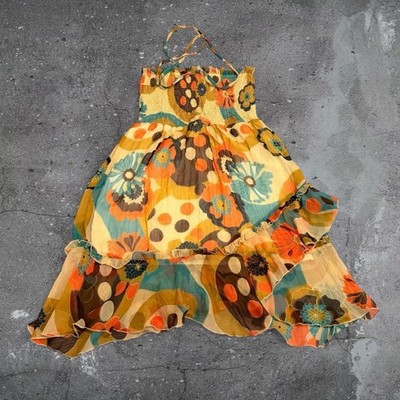 boho y2k floral halter mini dress smocked ruffle festival size M | eBay