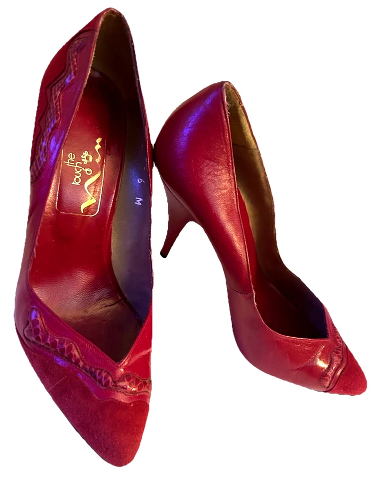 Sapatos de couro vintage anos 80 Nina vermelho salto alto sapatos réptil camurça detalhes tamanho 6 M - Imagem 3 de 4