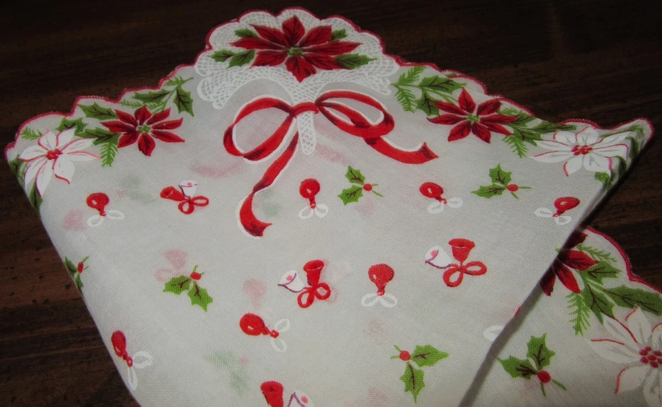 Vintage Hankie Christmas Poinsettias Bells Bulbs Bows Holly Scalloped - Image 2 of 3