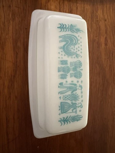 New ListingVintage PYREX  Amish Butterprint Turquoise Butter Dish White Milk Glass 🔥Mint