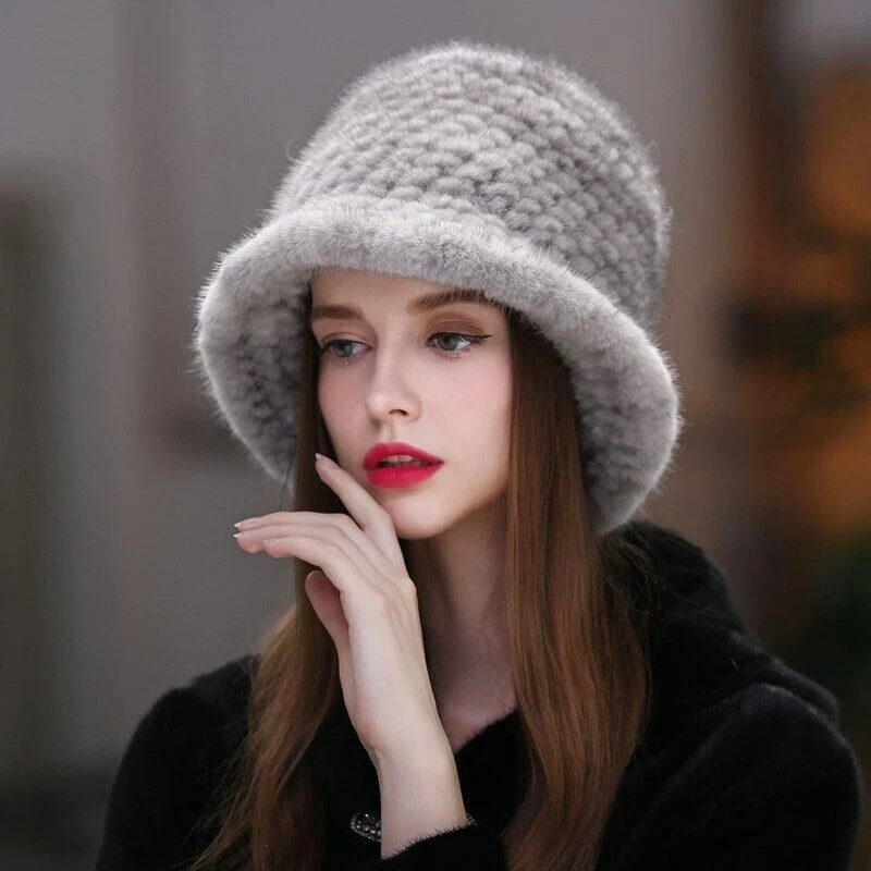 Real Mink Fur Hats For Women Knitted Bucket Hat Winter Warm Cap With Ear Flaps - Image 2 of 4