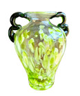Hand Blown  Vase Green White Spatter Applied Handles 7" T