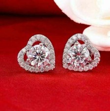 1.50CT Round Cut CZ White Heart Shaped Stud Women's Earrings Solid 925 silver