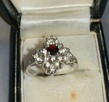 Ladies STERLING SILVER RING with Large Group of Clear Rhinestones  Ruby Stone