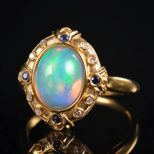 Retro Court Style Bezel Opal Natural Diamond Women Vintage Ring 14k Yellow Gold - Picture 2 of 11