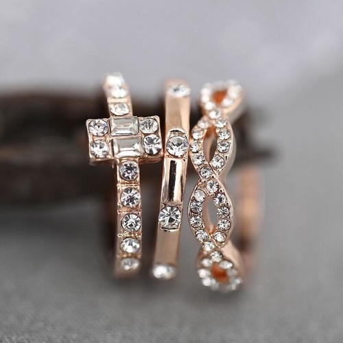 3pc 925 Silver plated Shinny Couple Rings Crystal Engagement Gift Set - Picture 7 of 7