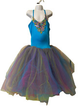 Costume Gallery Child Large Blue Peacock Dance Outfit with Multi-Color Tutu