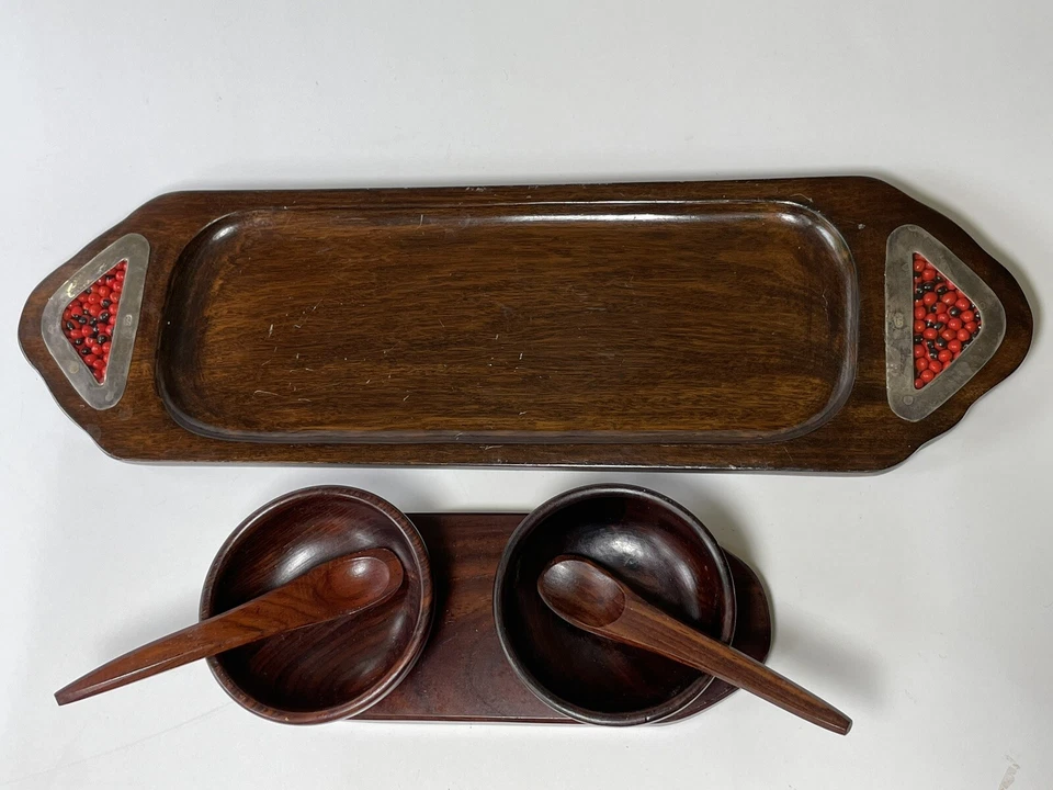 Indian Wooden Chutney Set & Serving Tray with Silver Handles - Image 2 of 4