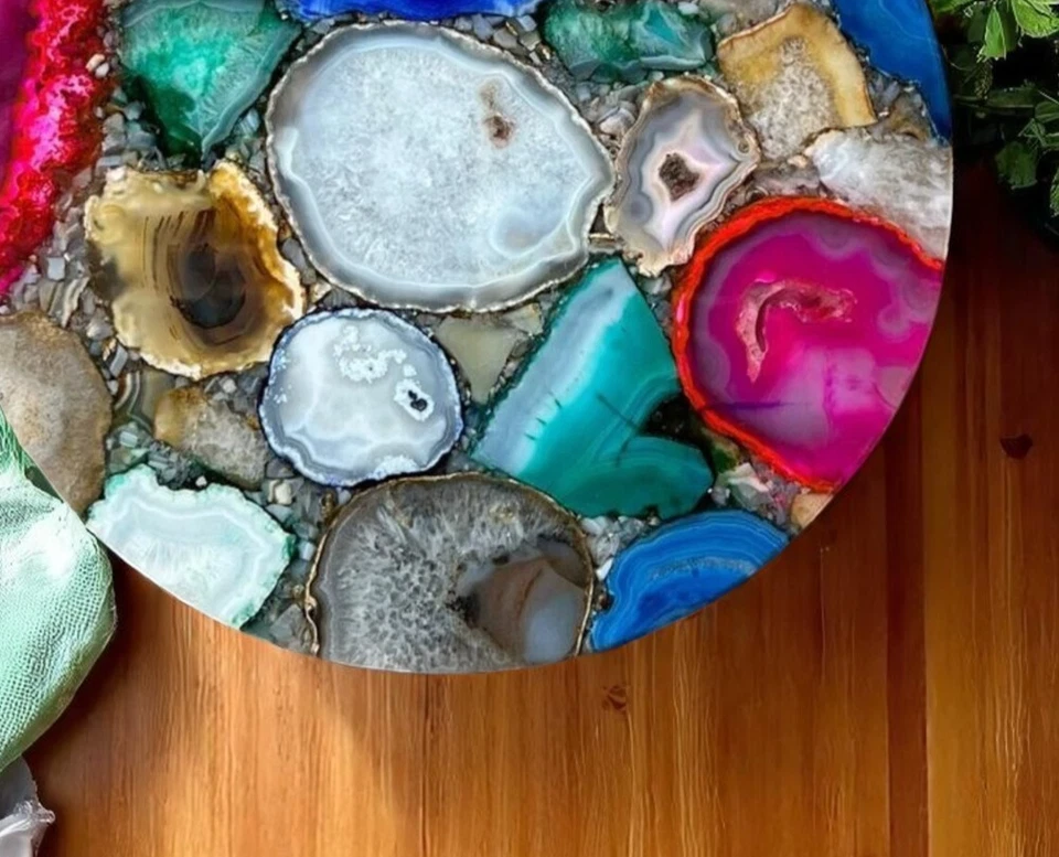 15" Mix Agate Table Top Agate Stone Coffee Table, Natural Agate Furniture Decors - Image 3 of 4