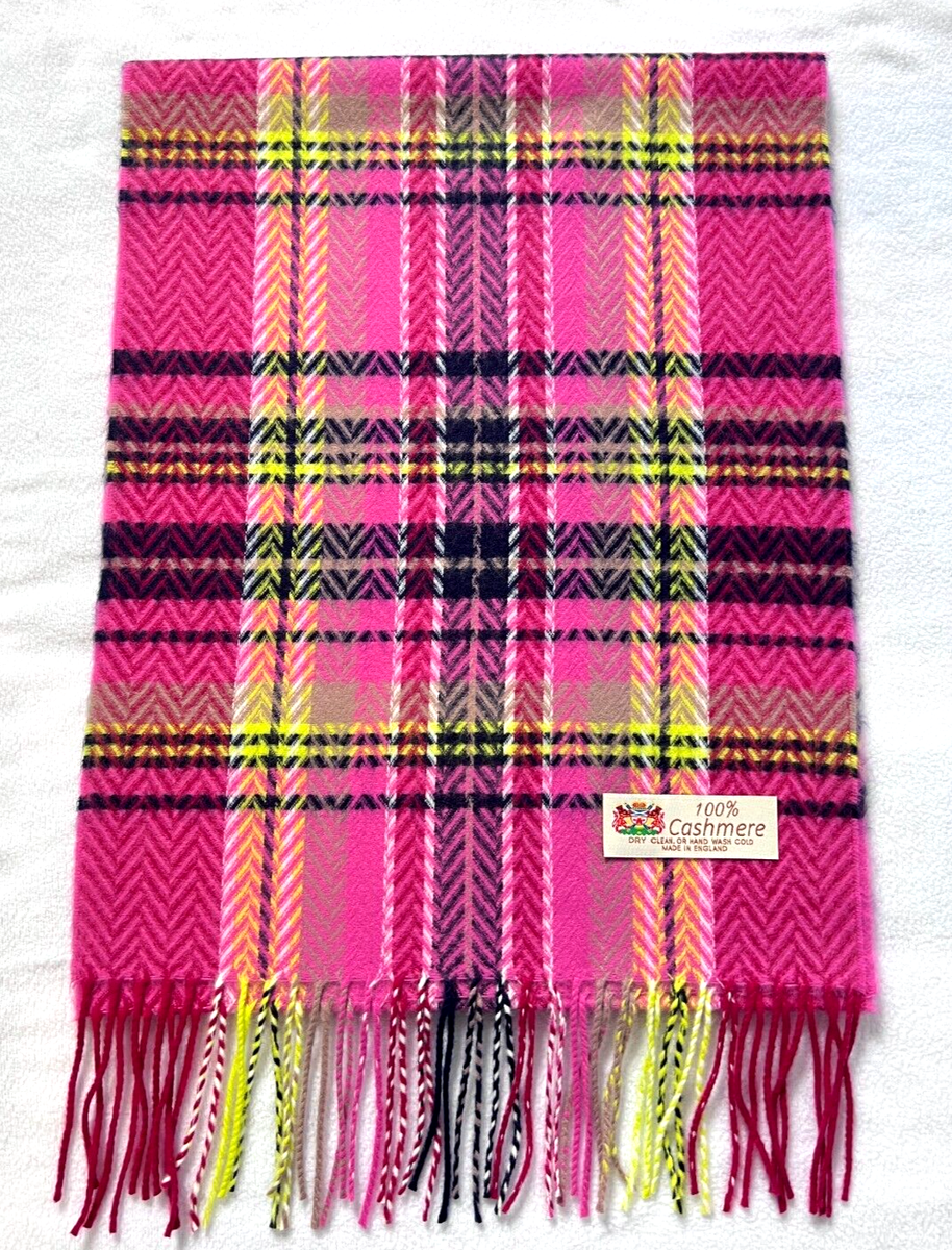 100%Cashmere Scarf Wool Wrap Twill Plaid Pink/Navy/yellow/berry