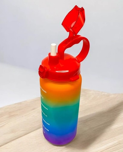 Rainbow Motivational Water Bottle With Time Marker & Red Flip Straw Lid 56 oz - Picture 5 of 5