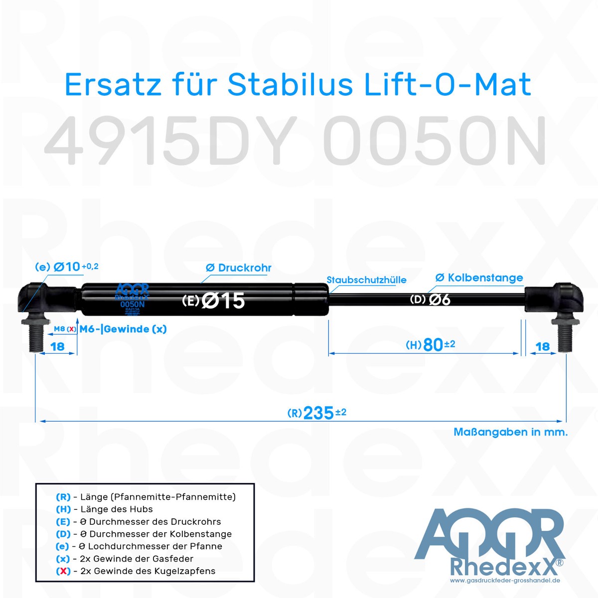 Ersatz für Stabilus Liftomat 4915DY 0050N Gasfeder mit M6 Winkelgelenke 235mm