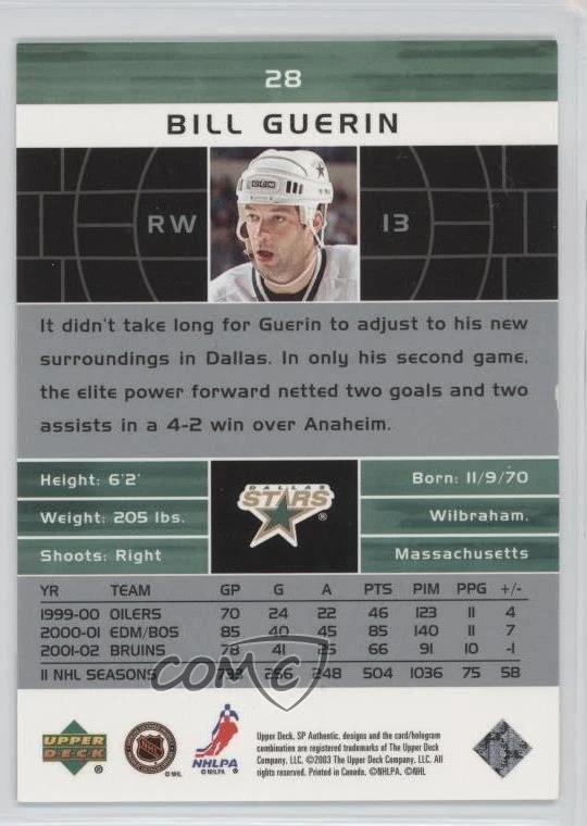 2002-03 SP Authentic UD Promo Bill Guerin #28 - Image 2 of 2