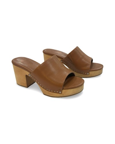 Charlotte Stone Wood Platform Clog Slide Sandals Size 5 Caramel Brown Leather