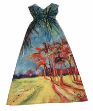 Leoma Lovegrove Maxi V Neck Dress Women Small Palm Trees Beach Coastal Stretch