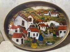 Vintage Gomez "Peruvian Landscape With Figures And Homes" Reverse Oil Painting