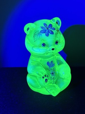 RARE Fenton Topaz Vaseline Glass Bear painted signed Marilyn