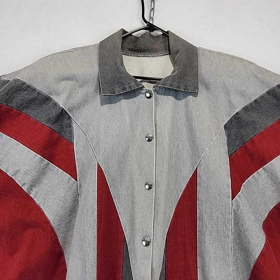Chaqueta vaquera vintage años 80 colorblock manga Dolman denim tareas para mujer L gris rojo Foto 4 de 4