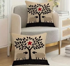 Pillow Cover  Primitive Sheep Farmhouse DOUBLE-SIDED   18 x 18  8452