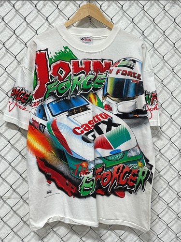 Vintage 90's John Force the Enforcer AOP Drag Racing Graphic Tee Size XL
