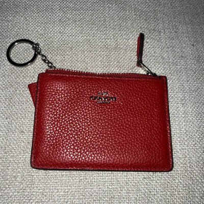 Coach Red Pebbled Leather Zip Card Holder Coin Purse Keychain Wallet Women
