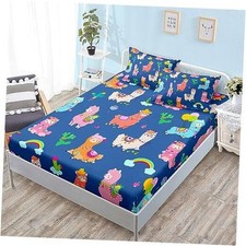 Kids Cute Llama Fitted Sheet,Cartoon Rainbow Alpaca Twin Twin 39" 75" Blue
