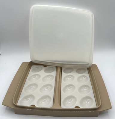 Tupperware Deviled Egg Carrier Keeper Holder Almond #723-1 Vintage 4 Piece