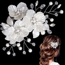 Flower Hair Clips, Artificial Pearl Rhinestone Flower Hair White Flower, 1pcs