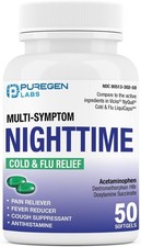 Puregen Nighttime Cold and Flu Relief Medicine 50 Softgel Liquid Green Exp 1/28
