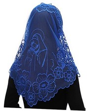 Chapel Veils Catholic Mass Mantilla - Virgin and Child Embroidery Lace Blue