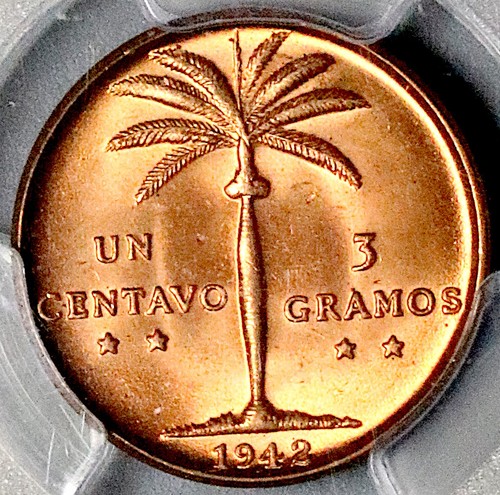 1942 PCGS MS 65 RED Dominican Republic 1 Centavo Gem Mint State Coin (26050105C)