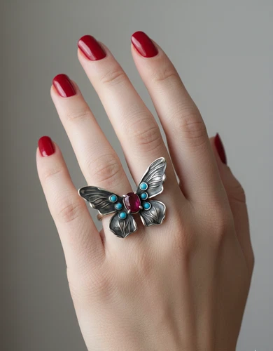 Butterfly Vintage Style Turquoise & Ruby Silver 925 AdjustRing UK O US 7.25  Box