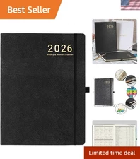 Luxurious 2026 Planner with Thick Paper & Back Pocket, Leather Cover - Black