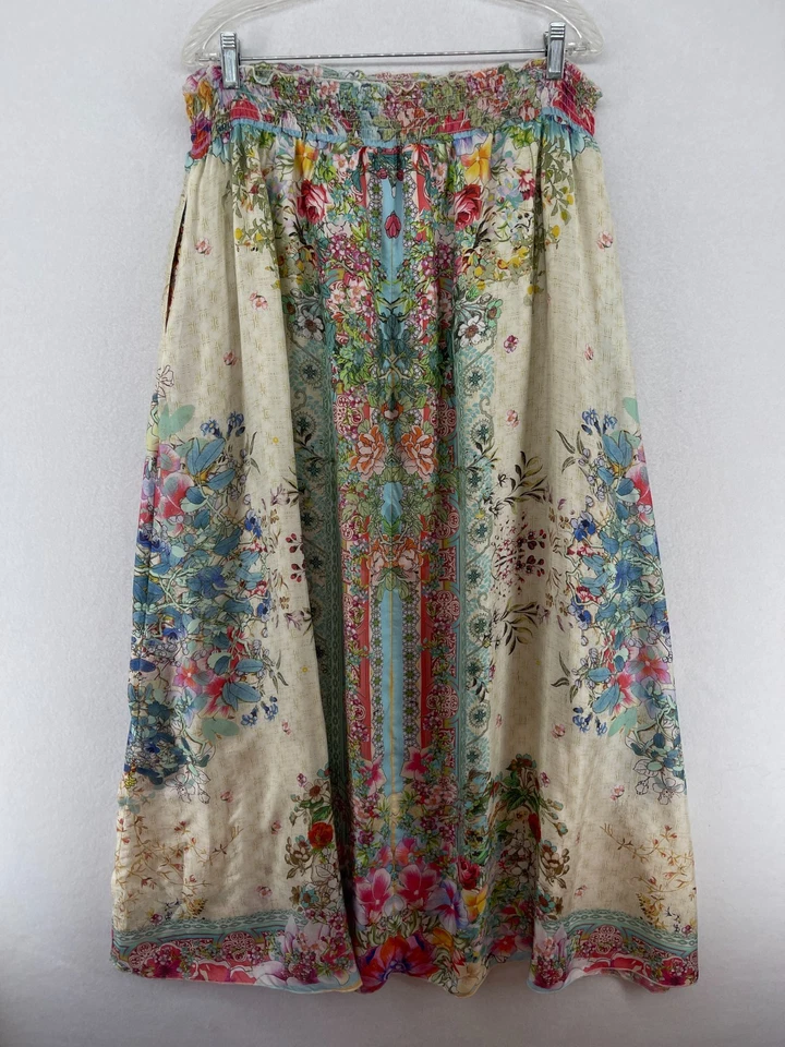 Falda JOHNNY WAS L 100% Seda Floral Cintura Ajustada Línea A Maxi Hippie Boho Marfil Foto 2 de 4