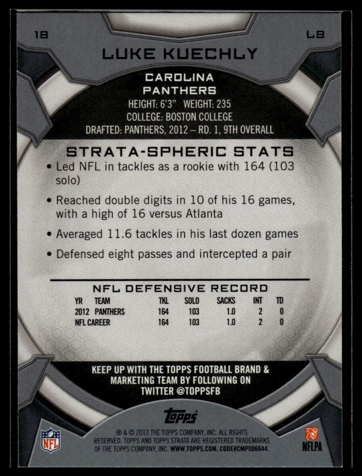 2013 Topps Strata #18 Luke Kuechly - Image 2 of 2