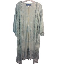 Blue Rain Lace Duster Cardigan Medium Sheer Blue Floral Kimono Boho