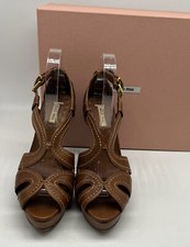 Miu Miu Brown Leather Exposed Stitching Strappy Pump sz 38