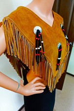 Camel Brown Native Indian Real Leather Tassels Conchos Western Vest Poncho