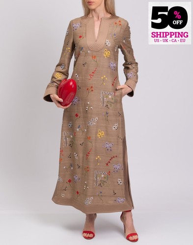 RRP€1250 TORY BURCH Silk Maxi Kaftan Dress Size L Embroidered Beads Lined