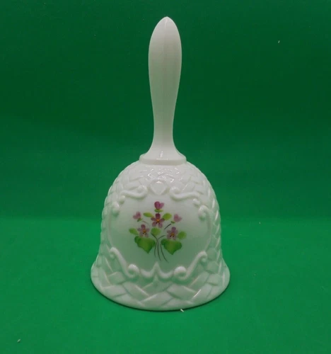 Fenton Milk Glass Basketweave Bell Violets in the Snow Handpainted by V. Gherke