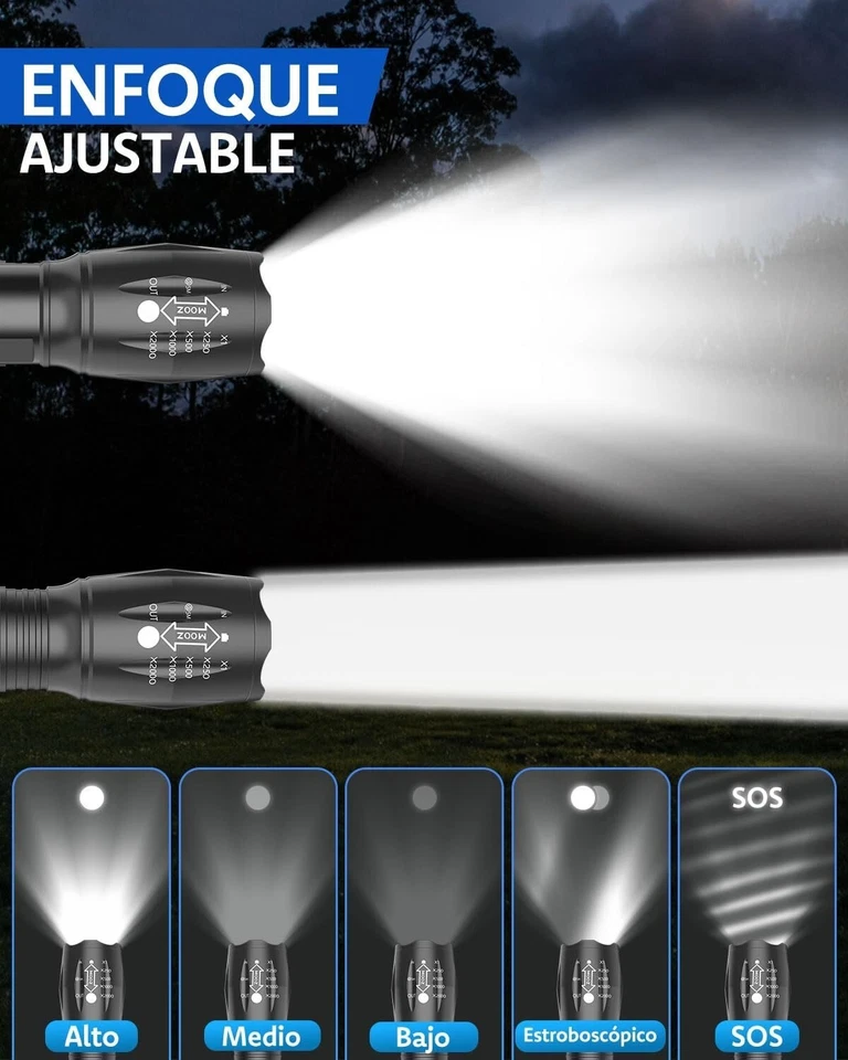 Linterna LED Impermeable Con 5 Modos Luz Potencia 2000 Lúmenes y Zoom Ajustable - Imagen 2 de 4